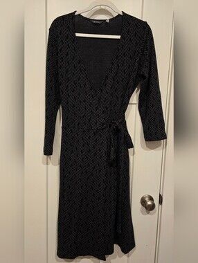 ibex Charcoal Black Chevron Wool Wrap Dress